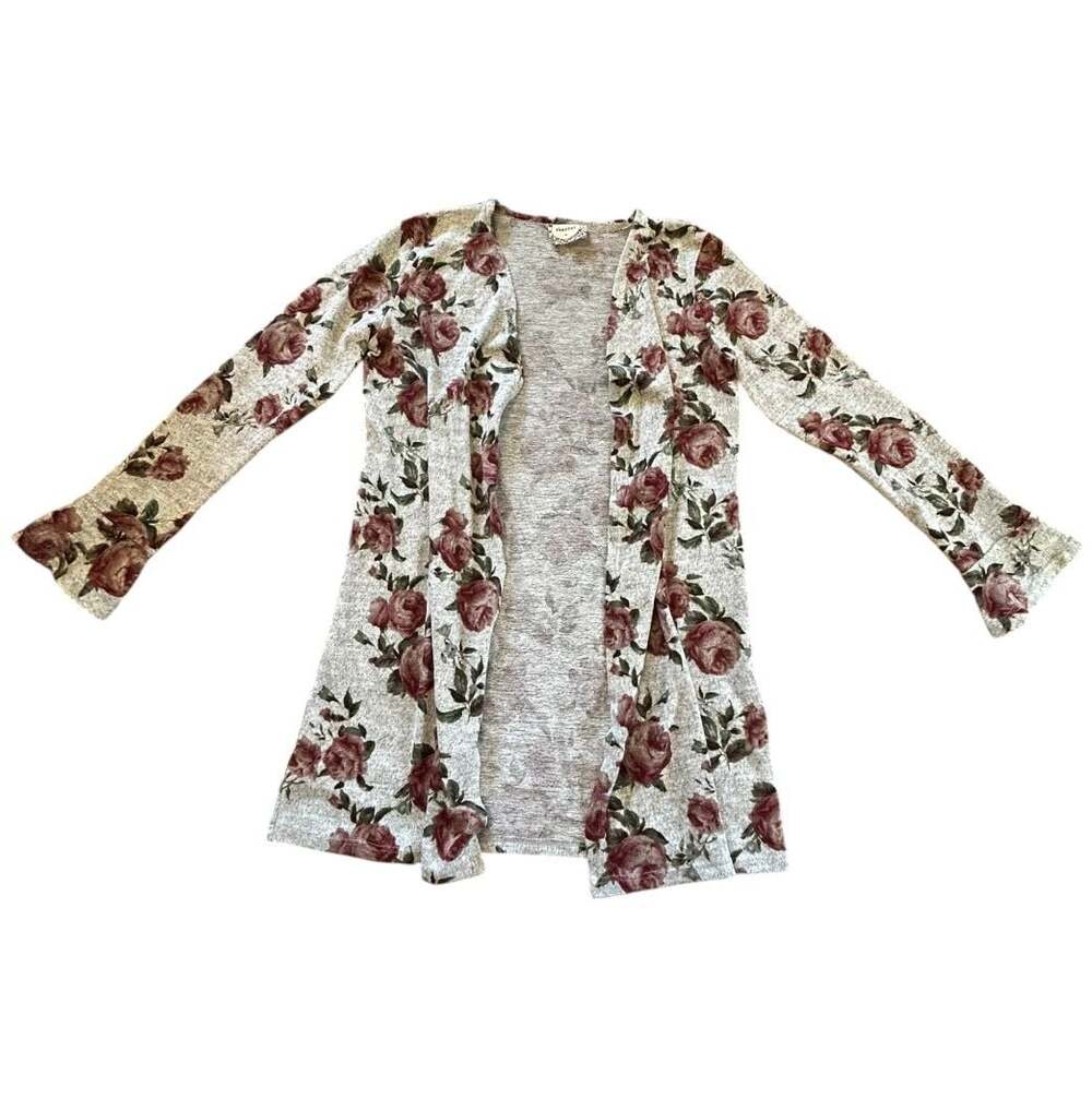 Skönhet Gray Floral Rose Print Long Open Front Cardigan Medium